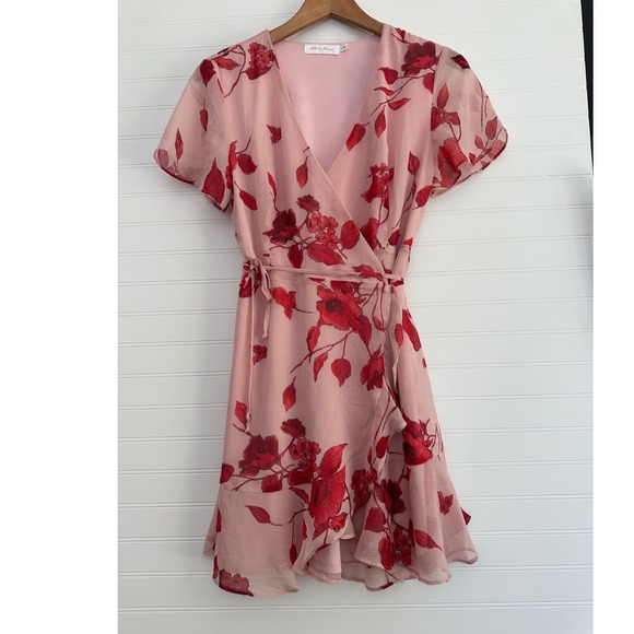 All in Favor Dresses & Skirts - All in Favor Floral Wrap Dress Pink Red Ruffle‎ Hem Small Feminine Cottagecore